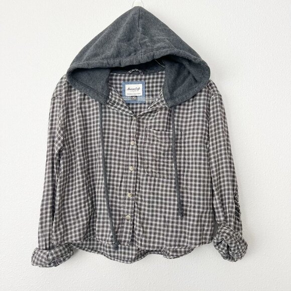 American Eagle Womens XS Gray Lightweight Flannel Cropped Hoodie - Picture 1 of 5
